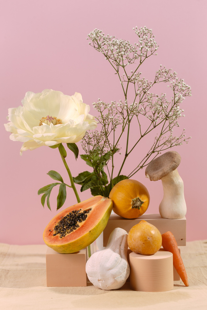 Floral Arrangement with Fruits and Mushrooms